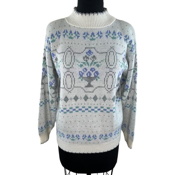 VINTAGE Cape Cod White Blue Print Long Sleeve Mock Neck Pullover Sweater Size S - Picture 1 of 7
